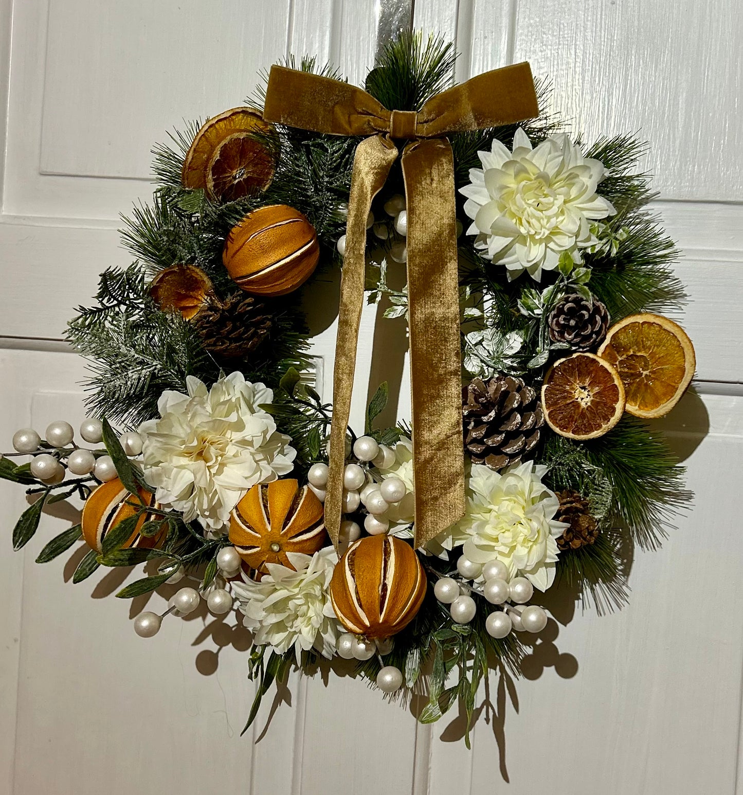 Elegant Gold & White Christmas Wreath with Natural Citrus