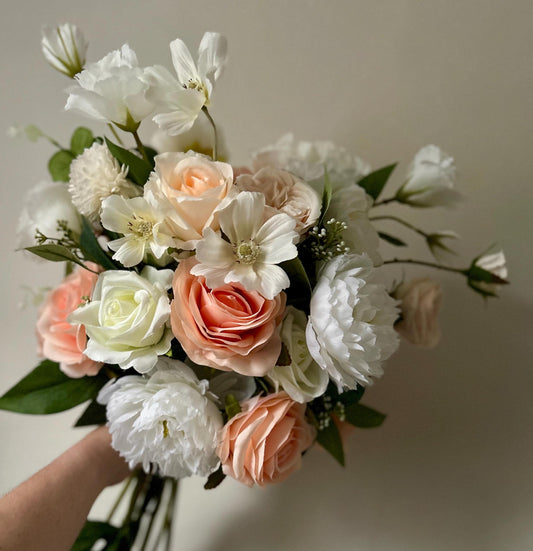 Peach & White Faux Flower Bridal Bouquet: Boho Garden Wedding