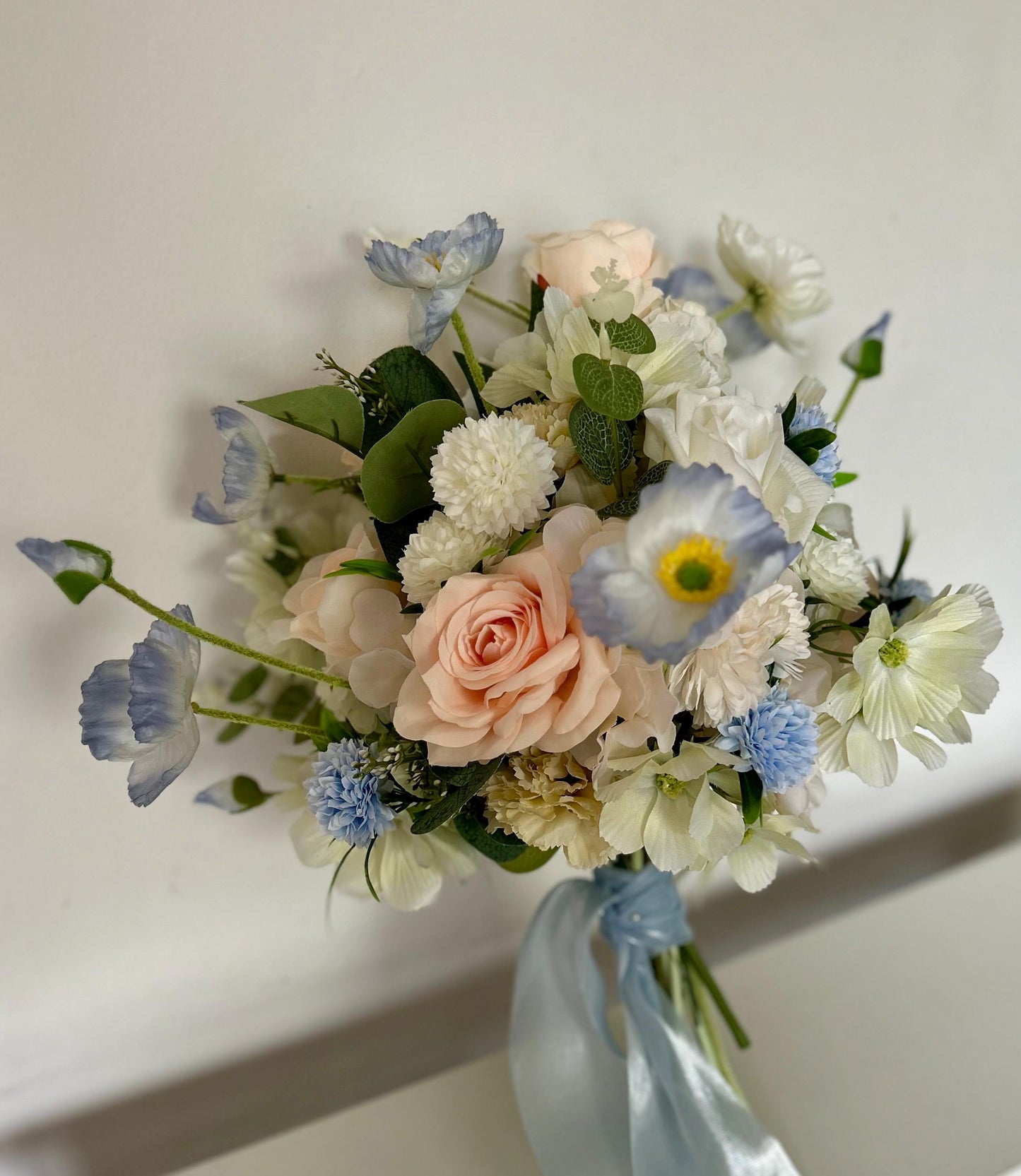 Bespoke Handcrafted Soft Blue and Blush Artificial Bridal Bouquet