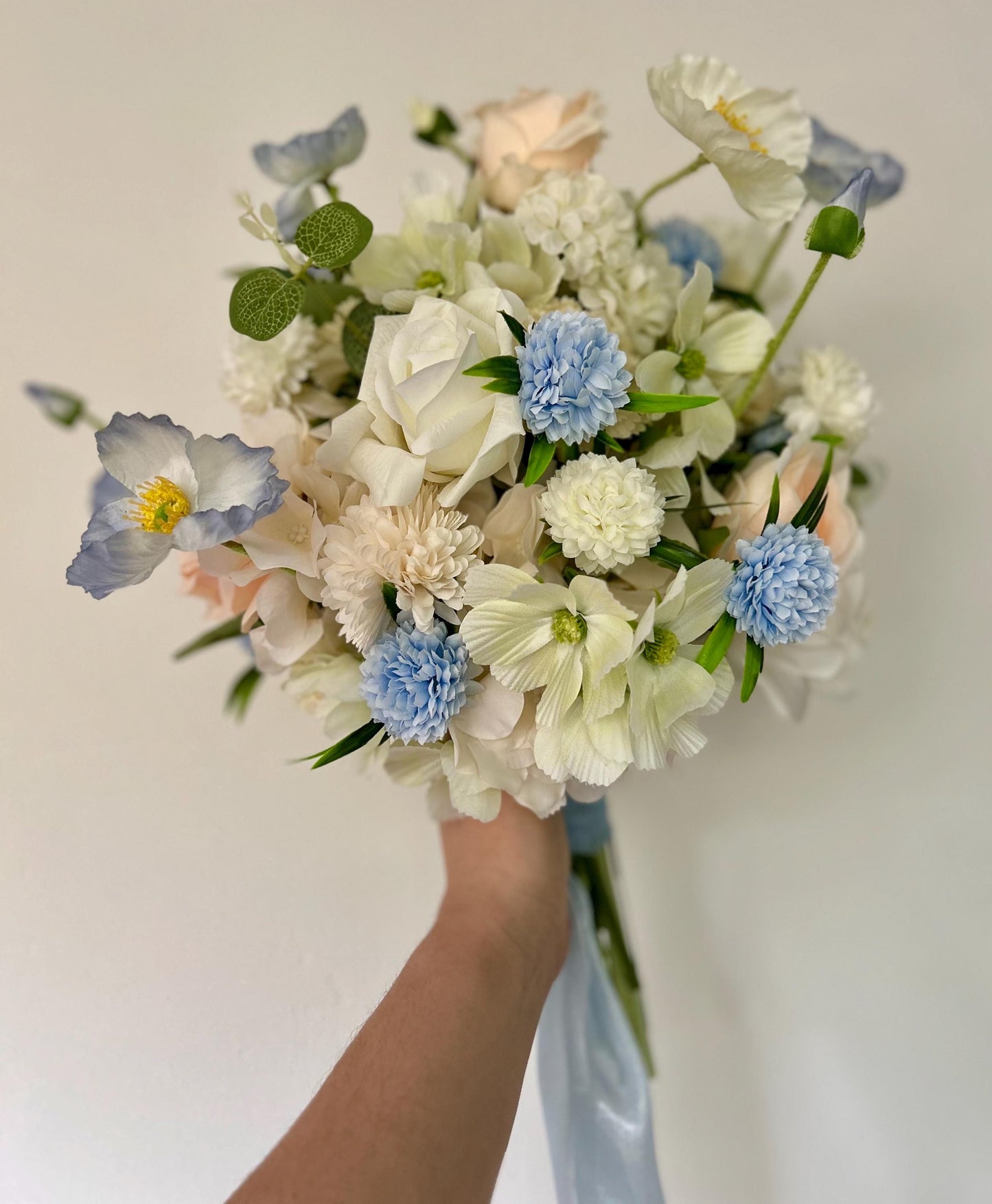 Bespoke Handcrafted Soft Blue and Blush Artificial Bridal Bouquet