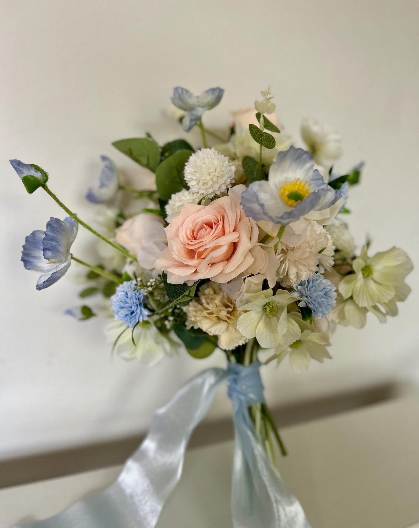 Bespoke Handcrafted Soft Blue and Blush Artificial Bridal Bouquet