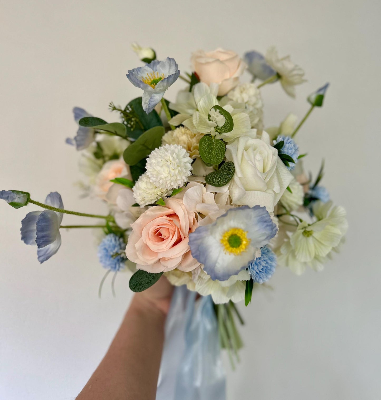 Bespoke Handcrafted Soft Blue and Blush Artificial Bridal Bouquet
