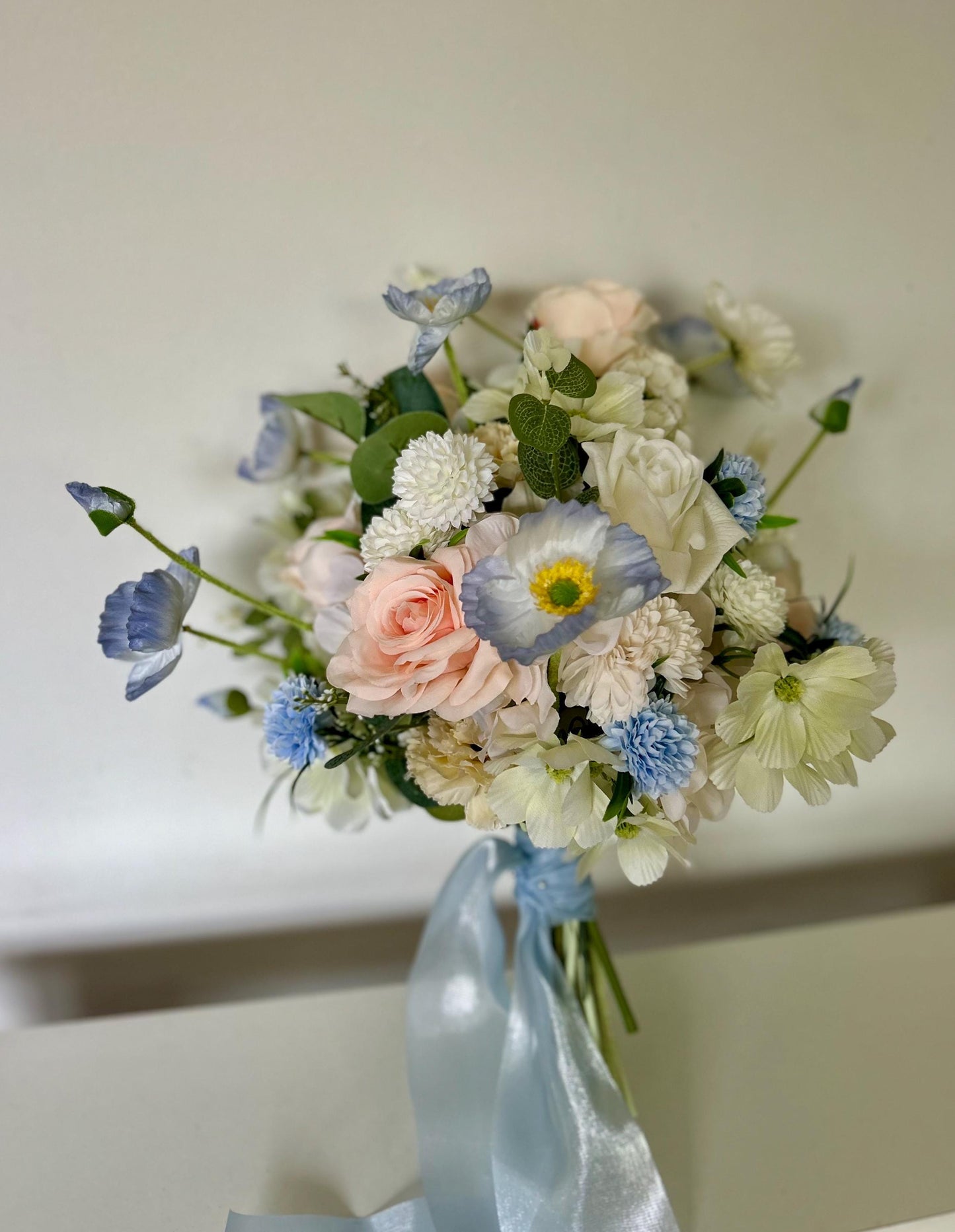 Bespoke Handcrafted Soft Blue and Blush Artificial Bridal Bouquet