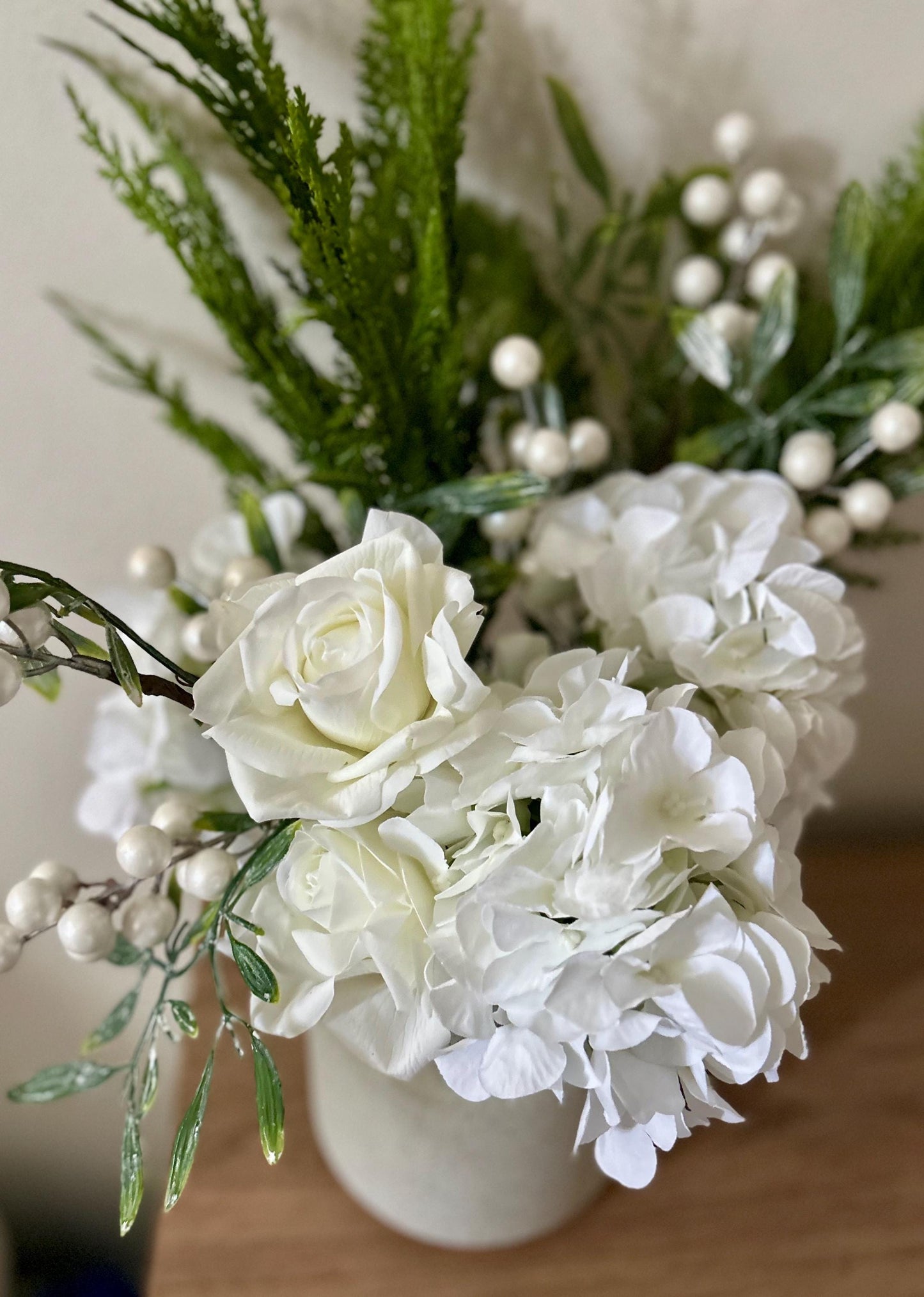 Home Decor- White and Green flower arrangement complete with vase