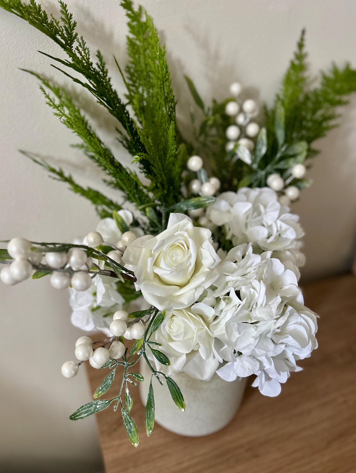 Home Decor- White and Green flower arrangement complete with vase