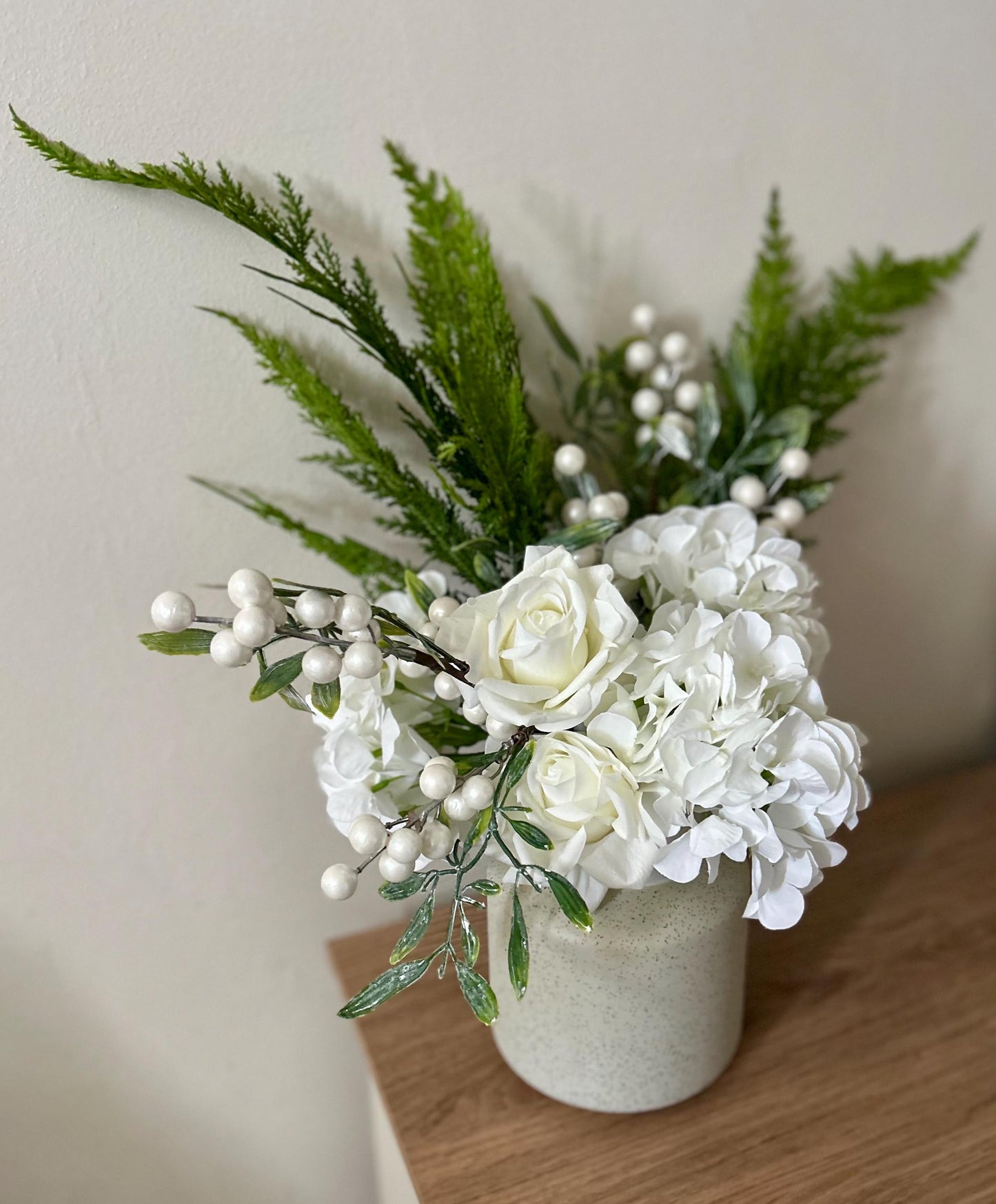 Home Decor- White and Green flower arrangement complete with vase