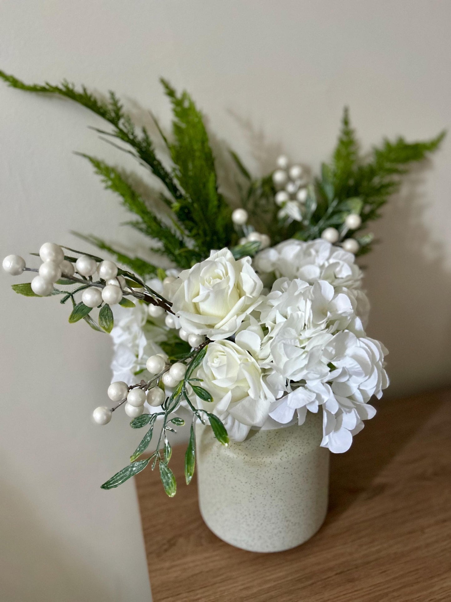Home Decor- White and Green flower arrangement complete with vase